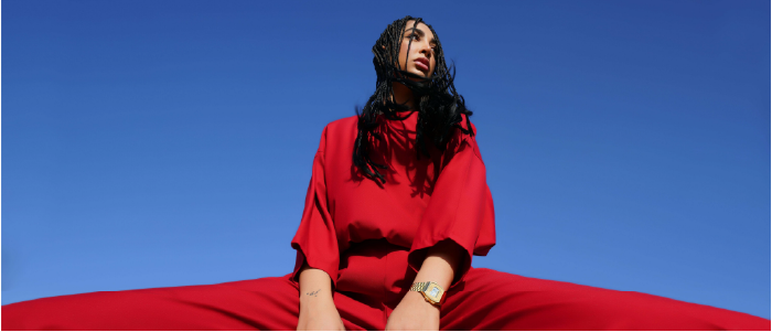 elegant woman in scarlet outfit